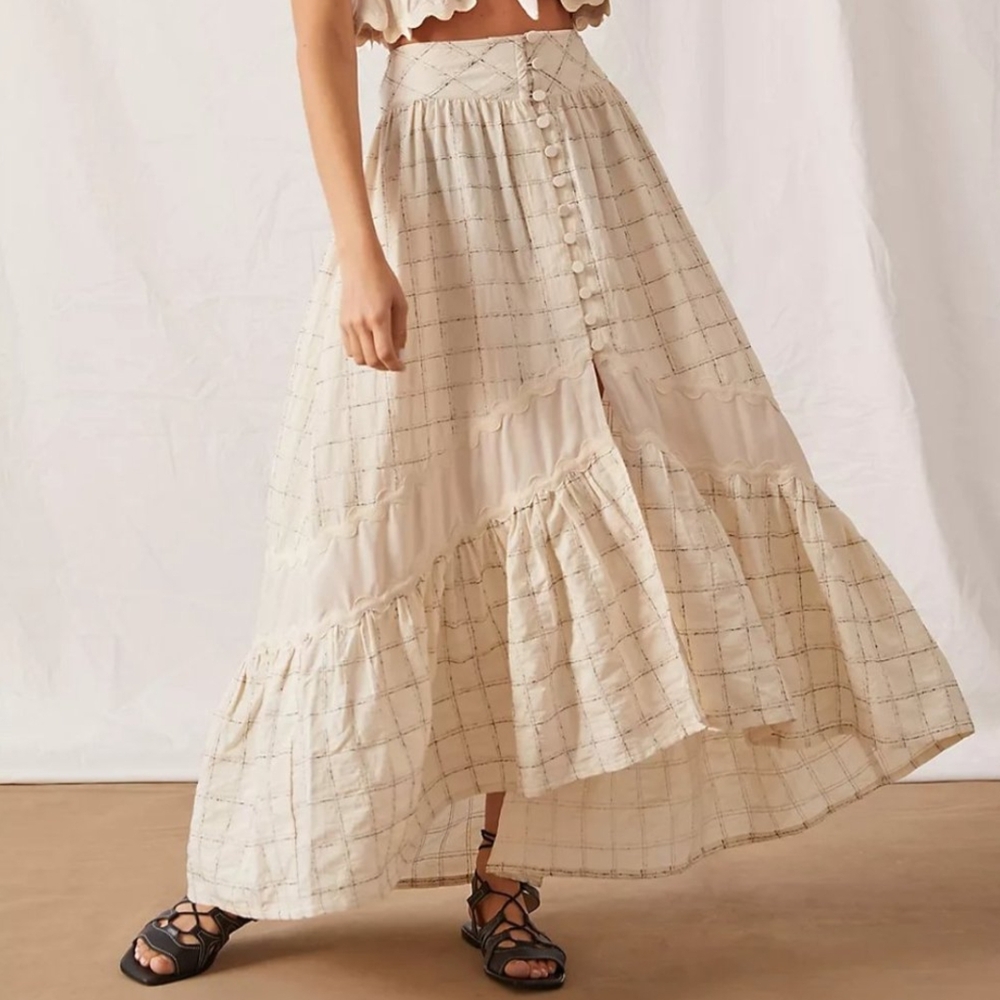 Anthropologie Cream Checkered Maxi Skirt
